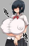  1girl black_hair blush breasts brown_eyes bursting_breasts erect_nipples female gigantic_breasts hair_over_one_eye keke_(kekekue) puffy_nipples school_uniform simple_background smile sweat 