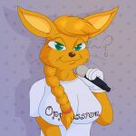 absurd_res anthro braided_hair braided_ponytail breasts brown_nose clothing digital_media_(artwork) dotted_background electronics english_text female fur gloves green_eyes grey_background hair handwear hi_res looking_at_viewer microphone orange_body orange_fur pattern_background ponytail question_mark saltypupcake shirt simple_background smile smiling_at_viewer solo standing text topwear unknown_species whiskers white_clothing white_gloves white_handwear white_shirt white_topwear
