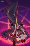 anthro big_breasts black_body bovid breasts caprine collar cult_of_the_lamb female fluffy fur glistening glistening_body hooves horn lamb_(cult_of_the_lamb) mammal massive_monster_(studio) melee_weapon nipple_tape nipples open_mouth pasties rinen rinen_r ritual sheep solo sword tape thick_thighs weapon white_body white_fur wide_hips wool_(fur)