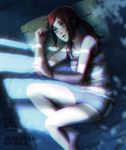  blurry bra bracelet copyright_name ellie_(the_last_of_us) fetal_position green_eyes jewelry light night pillow ponytail red_hair rin2010 shirt short_shorts shorts signature solo striped striped_shirt tank_top the_last_of_us underwear 
