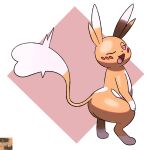 arched_back butt crouching digital_drawing_(artwork) digital_media_(artwork) ear_tuft fakemon fan_character female fur heart_tail hi_res looking_at_viewer looking_back lovchu mammal nintendo one_eye_closed open_mouth orange_body orange_fur pokemon reallydarkandwindie simple_background solo standing tail tongue tongue_out tuft twerking white_body white_fur wink