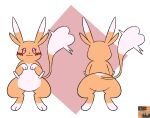 butt digital_drawing_(artwork) digital_media_(artwork) ear_tuft fakemon fan_character female fur heart_tail hi_res looking_at_viewer lovchu mammal model_sheet nintendo orange_body orange_fur pink_eyes pokemon reallydarkandwindie simple_background smile smiling_at_viewer solo standing tail tuft white_body white_fur