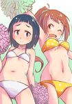  bikini black_eyes black_hair brown_eyes brown_hair idolmaster idolmaster_cinderella_girls long_hair multiple_girls nyazui okazaki_yasuha pom_poms ponytail short_hair swimsuit wakabayashi_tomoka 