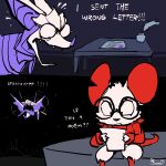 1:1 anthro armor bat big_ears clothing comic dialogue duo english_text eyewear female flying fur glasses headgear helmet hi_res humor letter loose_feather male mammal mina_(mina_the_hollower) mina_the_hollower mouse murid murine notched_ear quill rainingketchup reading_paper red_clothing red_shirt red_topwear rodent round_glasses shirt text thorne_(mina_the_hollower) topwear wearing_glasses white_body white_fur yacht_club_games