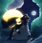 abdominal_bulge absurd_res ambiguous_gender belly belly_on_ground belly_press big_tail black_body black_fur bodily_fluids bracelet burping clothing eeveelution eyes_closed feral forest forest_background full_moon fur generation_2_pokemon glowing glowing_markings grey_body grey_fur hat head_tuft headgear headwear heterochromia hi_res jewelry markings moon night nintendo open_mouth paw_on_belly paws plant pokemon pokemon_(species) raster_dreams saliva saliva_string satisfied_look scarf slightly_chubby tail teeth teeth_showing tongue tongue_out tree tuft umbreon vore