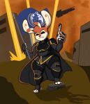 3_toes 4_fingers alien antennae_(anatomy) anthro cape clothed clothing damaged_building dipstick_antennae disney experiment_(lilo_and_stitch) fan_character feet ferlo fingers flag flag_(object) fur gun helldivers hi_res holding_flag holding_gun holding_object holding_ranged_weapon holding_weapon laser lilo_and_stitch male multicolored_antennae orange_body orange_fur outside pink_nose ranged_weapon ruined_city solo spacecraft toes uniform unknown_artist vehicle weapon white_body white_fur