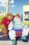 2026 anthro bear bear_pride_flag bottomwear brown_body brown_fur brown_nose bulge cellphone clothing detailed_background duo ear_piercing ear_ring electronics felid fur hi_res humanoid_hands lgbt_pride male male/male male/male_pride_colors mammal one_eye_closed outside overweight overweight_male pantherine phone piercing pink_nose pride_colors rainbow_pride_colors ring_piercing shirt shorts sitting smartphone spacepanda tiger topwear white_body white_fur wink