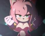 accessory amy_rose anthro big_breasts breasts clothing elcriz2001 eulipotyphlan eyelashes female female_anthro fur gloves green_eyes handwear headband hedgehog hmph mammal nipples pink_body pink_fur pink_nipples red_headband rosy_cheeks sega simple_background solo sonic_the_hedgehog_(series) wristband yellow_wristband