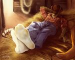 afternoon anthro boots boots_removed bottomwear clothed clothed_anthro clothed_male clothing cowboy cowboy_boots cowboy_hat cowboy_outfit detailed_background digital_drawing_(artwork) digital_media_(artwork) dirt dirty dirty_clothing dirty_socks feet felid foot_fetish foot_focus foot_outline footwear fully_clothed fully_clothed_anthro fully_clothed_male fur golden_hour hat hay hay_in_mouth headgear headwear hi_res humanoid_feet jaguar lying male male_anthro mammal markings on_back ozomatli pantherine pants plantigrade ranch relaxing shaded shirt shoes sleeping sock_fetish socks solo spots spotted_body spotted_fur topwear yellow_body