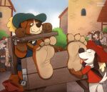 4_toes ambiguous_breed anthro athos_(muskehounds) big_feet blush bodily_fluids brown_body brown_fur canid canine canis claws clothing crowd_watching discarded_footwear dogtanian dogtanian_and_the_three_muskehounds domestic_dog duo feet foot_fetish foot_focus foot_lick foot_play fur gloves handwear hat headgear headwear hi_res humiliation key licking lock male male/male mammal mastiff molosser mountain_dog otter-matic padlock public public_humiliation restraints saint_bernard sash smile stocks sweat tail tail_motion tailwag tan_body tan_fur tickling toe_claws toe_restraints toes tongue topwear white_body white_fur