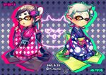  2girls :o animal_print aori_(splatoon) black_hair cat child domino_mask hotaru_(splatoon) jajji-kun_(splatoon) japanese_clothes kimono mask mole mole_under_eye multiple_girls n_kamui obi one_eye_closed open_mouth sash short_hair silver_hair sitting splatoon_(series) splatoon_1 squid symbol-shaped_pupils younger 