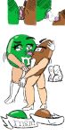 2023 4_fingers anthro black_text blush blush_lines bodily_fluids boots brown_(m&amp;m's) candy clothing dessert digital_drawing_(artwork) digital_media_(artwork) duo english_description eyebrows eyelashes eyewear female female/female fingers food food_creature footwear french_kissing glasses gloves green_(m&amp;m's) green_body handwear hi_res kissing living_candy long_eyelashes m&amp;m's makeout mars_incorporated mascot raised_eyebrow saliva saliva_on_tongue saliva_string shoes simple_background surprise_kiss surprised text titaniumtoenail white_background white_boots white_clothing white_footwear white_gloves white_handwear