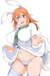  animal_ears blue_eyes blush breasts bunny_ears charlotte_e_yeager kuronyan large_breasts long_hair open_mouth orange_hair panties smile solo strike_witches tail underwear world_witches_series 