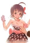  1boy 1girl ahoge assisted_exposure blush bouncing_breasts breasts brown_eyes brown_hair dress dress_pull earrings embarrassed gloves hair_ornament hair_ribbon idolmaster idolmaster_cinderella_girls jewelry nagasawa_shin necklace nipples open_mouth polka_dot polka_dot_dress ribbon short_hair simple_background sketch small_breasts surprised surprised_arms sweat tears wakiyama_tamami white_background white_gloves 