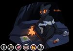 2026 anthro bandage bandaged_arm bandaged_chest bandaged_leg biped black_body black_fur canid canine casualties:_unknown claws digital_drawing_(artwork) digital_media_(artwork) drugged enginetrap expie_(gunsawian) feet female fingers front_view fur gunsawian hi_res looking_at_viewer mammal moodles on_ground orange_eyes pictogram simple_background sitting solo substance_intoxication tail toes wraps