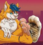 anklet anthro barefoot blue_eyes blue_hair bodily_fluids claws clothing dirt dirty dirty_clothing dirty_feet dirty_socks domestic_cat featureless_chest feet felid feline felis finger_claws foot_fetish footwear footwear_only fur glistening glistening_pawpads grime hair hi_res hindpaw jewelry looking_at_viewer male male_anthro mammal mostly_nude multicolored_body multicolored_fur musk musky_feet niki_(nikithecat) one_sock orange_body orange_fur ozomatli pawpads paws pink_pawpads purple_background red_background simple_background sitting sitting_on_another smelly smelly_feet sock_fetish socks socks_only solo sweat sweaty_feet toe_claws whiskers white_body white_fur