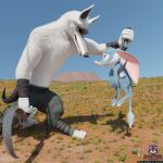 3d_(artwork) absurd_res anthro arm_wrapping arm_wraps bandicoot big_ear bilby bilby_(dreamworks) black_nose black_sclera blender_(artwork) blender_cycles_(artwork) blue_body blue_fur bottomwear canid canine canis clothed clothing crossover dangling dangling_legs death_(puss_in_boots) desert digital_media_(artwork) dreamworks dual_wielding duo english_text eye_contact facial_markings floppy_ears fluffy frown fur fuzzy grass grin head_markings hi_res holding_object holding_weapon larrikins long_ears looking_at_another male mammal markings marsupial mask_(marking) nervous nude outback outside pants perry_(bilby) pink_nose plant puss_in_boots_(franchise) rasterraccoon red_eyes shirtless sickle size_difference smile standing tail text topless watermark weapon whiskers white_body white_fur wolf wrapped_arms wraps
