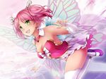  :d bare_shoulders breasts bridal_gauntlets butterfly_ornament cleavage detached_collar dutch_angle fairy fairy_wings flying game_cg green_eyes hair_ornament highres huniepop kyu_sugardust medium_breasts ninamo non-web_source open_mouth pink_hair purple_footwear shoes short_twintails showgirl_skirt sky smile solo thighhighs twintails watermark white_legwear wings 