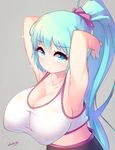  armpits arms_behind_head arms_up blue_eyes blue_hair blueberry_(5959) breasts cleavage grey_background highres huge_breasts long_hair original ponytail simple_background solo sports_bra sweat upper_body 