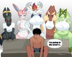 absurd_res anthro belly big_breasts black_body black_fur blush bodily_fluids breasts brown_body brown_fur bulge c0cobeanz cinderace clothing eeveelution female female_anthro fur generation_2_pokemon generation_4_pokemon generation_6_pokemon generation_8_pokemon generation_9_pokemon genitals green_body green_fur group group_nudity harem heart_eyes heart_symbol hi_res huge_breasts human imminent_sex interspecies lagomorph looking_at_another looking_at_partner lopunny male male_human mammal medium_breasts meme meowscarada nintendo pink_body pink_fur piper_perri_surrounded pokemon pokemon_(species) pokephilia seductive sitting slightly_chubby small_breasts standing sweat sylveon text thought_bubble umbreon underwear vulva white_body white_fur wide_hips