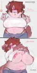 absurd_res anthro anutka belly big_breasts blush bodily_fluids bottomwear bra_strap_showing_(meme) breasts brown_body brown_fur brown_hair canid canine canis clothed clothing clothing_lift comic dialogue domestic_dog english_text female floppy_ears fur hair heart_symbol hi_res huge_breasts mammal meme neck_tuft nipples no_bra overweight overweight_anthro overweight_female pants shirt shirt_lift solo sophie_(anutka) sweat text thong_straps topwear tuft