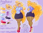 5_toes accessory animatronic anthro bear bear_ears bear_tail blonde_hair blue_bottomwear blue_clothing blue_eyes blue_shirt blue_skirt blue_topwear bottomwear bracelet breasts butt chart clothing colored english_text fan_character feet female five_nights_at_freddy's five_nights_in_anime footwear fredbear_(fnaf) fredbear_(lesangd_tw) front_view gesture hair hand_gesture hand_sign happy height_chart hi_res humanoid information_board jewelry legwear lesangd_tw lipstick long_hair machine makeup mammal model_sheet multiple_scenes nylons pantyhose purple_lipstick purple_makeup rear_view red_clothing red_footwear red_shoes robot robot_anthro robot_humanoid scottgames shirt shoes short_sleeves simple_background skirt smile solo tail text toes topwear yellow_body