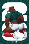 abstract_background absurd_res accipitrid accipitriform anthro avian barazoku beak bird bottomwear brown_body brown_feathers brown_fur bubble_butt bulge bulge_from_behind butt clothing cosu_lewd eagle feathers feet fifa footwear fur glistening glistening_body golden_eagle graphic_design green_jersey hi_res looking_at_viewer looking_back male mexican_eagle mexico_national_football_team muscular oustik_ko pecs shorts soccer soccer_jersey soccer_uniform socks solo sport sportswear tight_bottomwear tight_clothing tight_shorts true_eagle uniform white_bottomwear white_clothing white_shorts world_cup yellow_eyes