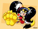 4:3 5_toes :3 accessory anthro barefoot bedroom_eyes black_hair clothing dress fangs feet felid feline female foot_fetish foot_focus fur gloves goldent5 hair hand_on_cheek hands_on_ground handwear headband hi_res honey_the_cat humanoid_feet mammal narrowed_eyes open_mouth pigtails plantigrade red_clothing red_dress seductive sega simple_background sitting soles solo sonic_the_fighters sonic_the_hedgehog_(series) tail teasing teasing_viewer teasing_with_feet teeth toe_wiggle toes wings yellow_body yellow_eyes yellow_fur