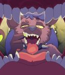 ambiguous_gender anthro anthro_pred blue_body blue_hair brown_body brown_fur canid clothing collar digital_media_(artwork) duo extreme_size_difference fangs female fingers first_person_view flinttheyordle fur grey_body hair half-closed_eyes hi_res hyena imminent_vore in_mouth larger_anthro macro male mammal micro mirror mirror_reflection mouth_shot narrowed_eyes nude open_mouth oral_vore partially_inside pink_eyes pink_tongue prey_pov red_eyes reflection reverse_mouth_shot sharp_teeth size_difference smaller_anthro smaller_male spiked_collar spikes spotted_hyena teeth tongue tongue_out vore yellow_eyes yellow_sclera