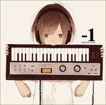  1girl brown_hair commentary_request english grey_background headphones holding instrument looking_at_viewer mitsuki_mouse original sepia shirt short_sleeves solo star star-shaped_pupils symbol-shaped_pupils synthesizer upper_body 