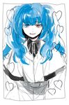  blue_eyes blue_hair capelet grin heart heterochromia imai_yuumi long_hair looking_at_viewer red_eyes ribbon smile solo tokyo_ghoul tokyo_ghoul:re twintails upper_body yonebayashi_saiko 
