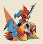 ambiguous_gender anthro armor b00b00keys bandai_namco belt blue_body claws clothing crop_top digimon digimon_(species) flamedramon footwear headgear helmet hi_res horn index_to_index nervous on_ground shirt solo tail timid topwear