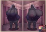 absurd_res ahmoua_(blarf) anthro barely_contained belly big_breasts big_butt black_hair blarf blush bovid bovine braided_hair breasts bursting_out_of_clothing butt cattle cleavage clothed clothing comic daughter_(lore) dress dressing dressing_up elderly fashion fashion_show female furniture grey_body hair hi_res hooves horn huge_breasts human hyper hyper_breasts lakota_(blarf) liver_spots looking_down male mall mammal mirror mirror_reflection mother_(lore) mother_and_child_(lore) mother_and_daughter_(lore) navel nipples one_eye_closed overweight parent_(lore) parent_and_child_(lore) parent_and_daughter_(lore) pose posing_for_picture raised_head reflection shopping stool tagme thick_thighs tight_clothing vein veiny_breasts wardrobe_malfunction white_hair wide_hips