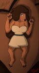 adventure_time anthro black_claws black_eyes black_nose blue_sash breasts brown_body brown_fur brown_hair brown_skin canid canine canis cartoon_network claws clothing domestic_dog dress female fur hair happy hi_res long_hair looking_at_viewer lying lying_on_ground mammal on_back on_ground poofy_hair raised_arms samantha_(adventure_time) smile smiling_at_viewer solo thevgbear white_clothing white_dress white_sclera