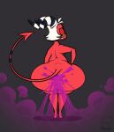2026 alternate_version_at_source artist_logo big_butt black_background black_eyes black_horn body_hair butt butt_hair butt_squish calorie colored demon digital_media_(artwork) fart fart_cloud femboy flat_colors hair hand_on_butt hand_on_own_butt hellaverse helluva_boss horn huge_butt humanoid imp logo looking_at_viewer looking_back looking_back_at_viewer male moxxie_(helluva_boss) not_furry purple_fart_cloud purple_gas rear_view red_body red_skin red_tail shortstack shortstack_male simple_background solo spade_tail squish striped_horn stripes tail teeth white_hair white_horn yellow_sclera