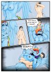 absurd_res anthro blue_body blush border breasts comic cutie_mark dialogue digital_media_(artwork) duo english_text equid equine feathered_wings feathers female friendship_is_magic fur genitals hair hasbro hi_res human male male/female mammal multicolored_hair my_little_pony mythological_creature mythological_equine mythology nipples nude open_mouth pegasus rainbow_dash_(mlp) rainbow_hair solo speech_bubble tail text white_border wings zeroviks