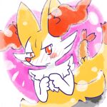 1:1 2023 ambiguous_anthro ambiguous_gender annyui0611 anthro biped blush blush_lines blush_stickers bodily_fluids braixen canid digital_drawing_(artwork) digital_media_(artwork) dipstick_tail dutch_angle flying_sweatdrops food front_view generation_6_pokemon half-length_portrait hi_res index_to_index japanese_description looking_at_viewer mammal markings mouth_closed nintendo object_in_tail pokemon pokemon_(species) portrait shrimp_(food) simple_background snout solo standing sweat sweatdrop tail tail_markings translated_description