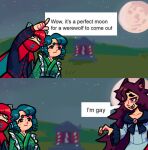 2koma animal_humanoid aquatic aquatic_humanoid asian_clothing black_clothing black_shirt black_topwear blue_eyes blue_hair bottomwear brown_hair canid canid_humanoid canine canine_humanoid cape clothing colored_nails comic coming_out dialogue dress drill_curls ear_fins east_asian_clothing english_text female fin fingernails full_moon gesture green_clothing green_kimono group hair hand_gesture hi_res human humanoid japanese_clothing kagerou_imaizumi kimono mammal mammal_humanoid moon nails night open_mouth pointing red_bottomwear red_cape red_clothing red_fingernails red_hair red_nails red_skirt redinthesea sekibanki shirt skirt smile stated_homosexuality stated_sexuality text topwear touhou trio wakasagihime white_clothing white_dress wolf_humanoid