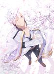  bad_id bad_pixiv_id brown_eyes cherry_blossoms crossed_arms from_above jacket_on_shoulders lloule looking_at_viewer male_focus necktie one_eye_closed original petals smile solo standing white_hair 
