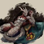 1:1 absurd_res anthro baldur's_gate baldur's_gate_3 dragonborn_(dnd) dungeons_and_dragons erection food fruit hasbro hi_res larian_studios looking_at_viewer lying male on_back pillow plant scalie solo tagme the_dark_urge_(baldur's_gate) vekyn wizards_of_the_coast