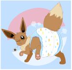 2025 3_toes absurd_res ambiguous_gender black_inner_ear black_nose blush blush_lines bodily_fluids border brown_body brown_ears brown_fur brown_inner_ear brown_sclera brown_tail clean_diaper clothed clothing diaper diaper_only diaper_puff dipstick_tail eevee emanata feet feral frown frustrated frustration_cloud full-length_portrait fur generation_1_pokemon hi_res jupiters legs_up markings multicolored_body multicolored_fur multicolored_inner_ear nintendo one_eye_closed pattern_diaper pawpads pink_pawpads pokeball pokeball_background pokemon pokemon_(species) portrait simple_background solo speech_bubble sweat sweatdrop tail tail_markings tan_body tan_fur tan_tail tan_tail_tip three-quarter_view toes topless two_tone_inner_ear two_tone_tail wearing_diaper white_border