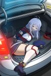  1girl 86_-eightysix- absurdres bdsm blue_jacket blue_skirt bondage bound bound_legs breasts car car_trunk commentary english_commentary gag gagged garter_belt grey_eyes grey_hair highres in_trunk jacket large_breasts looking_at_viewer meitoku military_uniform motor_vehicle panties pantyshot revision shibari shirt skirt solo thighhighs underwear vladilena_millize white_panties white_shirt white_thighhighs 