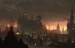  bad_pixiv_id bird building castle chimney city city_lights cityscape cloud cloudy_sky dark dragon fantasy highres no_humans original scenery silhouette sky snatti steam sunset 