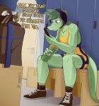 absurd_res anthro artist_name athletic bag baryonyx baseball_cap blue_eyes bottle cavemanon_studios claws clothing colored container detailed_background dialogue dinosaur door electronics english_text eyewear finger_claws footwear gatorade green_body green_hair green_scales hair hat headgear headwear hi_res holding_object holding_phone i_wani_hug_that_gator lamp light light_beam locker locker_bench locker_room logo logo_on_clothing looking_at_object looking_at_phone male messy_hair monotone_body multicolored_clothing phone prehistoric_species reptile saurischian scales scalie seven_(artist) shoes signature socks solo spinosaurid sunglasses sunglasses_on_hat tail text theropod trent_(iwhtg) two_tone_clothing water_bottle wrestling_singlet yellow_clothing