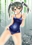 green_eyes grey_hair highres kantai_collection long_hair old_school_swimsuit one-piece_swimsuit school_swimsuit shino_(lunar_crescent) shiny shiny_clothes swimsuit twintails waving zuikaku_(kantai_collection) 