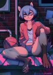 absurd_res anthro ball basketball_(ball) bedroom_eyes blue_hair bottomwear brand_new_animal brick brick_wall brown_body camel_toe canid canine claws clothing countershade_tail countershading dipstick_hair dipstick_tail facial_markings female finger_claws fluffy fluffy_tail gloves_(marking) hair head_markings hi_res jacket leg_markings mammal markings michiru_kagemori narrowed_eyes pawpads paws pipe raccoon_dog red_clothing red_jacket red_topwear seductive shirt shorts snaggle_tooth socks_(marking) solo spread_legs spreading studio_trigger tail tail_markings tanuki teeth toe_claws topwear unluckymireille wall_(structure)