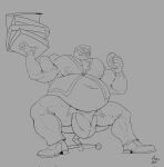 anthro ape belly big_belly big_bulge big_muscles bloated box bulge buzzybub chair chest_tuft container dessert detailed_bulge doughnut facial_piercing food furniture gorilla haplorhine hi_res huge_bulge huge_muscles male mammal musclegut muscular muscular_male navel nose_piercing nose_ring office_chair outie_navel overweight overweight_male pastry piercing pizza_box primate ring_piercing sitting tuft
