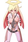  1girl ankh blonde_hair breast_lift breasts deep_skin grabbing grabbing_from_behind guilty_gear halo hetero highres infraton jack-o'_valentine long_hair looking_at_viewer medium_breasts penis red_eyes saliva sex simple_background solo_focus thighs unaligned_breasts vaginal white_background 