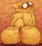 alphys anthro big_butt blush bodily_fluids butt caught dildo dildo_sitting embarrassed eyelashes female freckled_butt freckled_face freckled_shoulders freckles hi_res implied_vaginal knot knotted_dildo lizard looking_at_viewer looking_back masturbation penetration rear_view reptile scales scalie scaliescum sex_toy shocked simple_background small_tail snout solo sweat tail undertale_(series) white_sclera x-ray_view yellow_body yellow_scales
