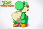  anthro balls big_nose blush clothing cum cum_on_penis d-yoshi english_text erection footwear half-closed_eyes male mario_bros nintendo nude open_mouth orgasm parody penis shoes smile solo standing text tongue video_games yoshi yoshi&#039;s_woolly_world 